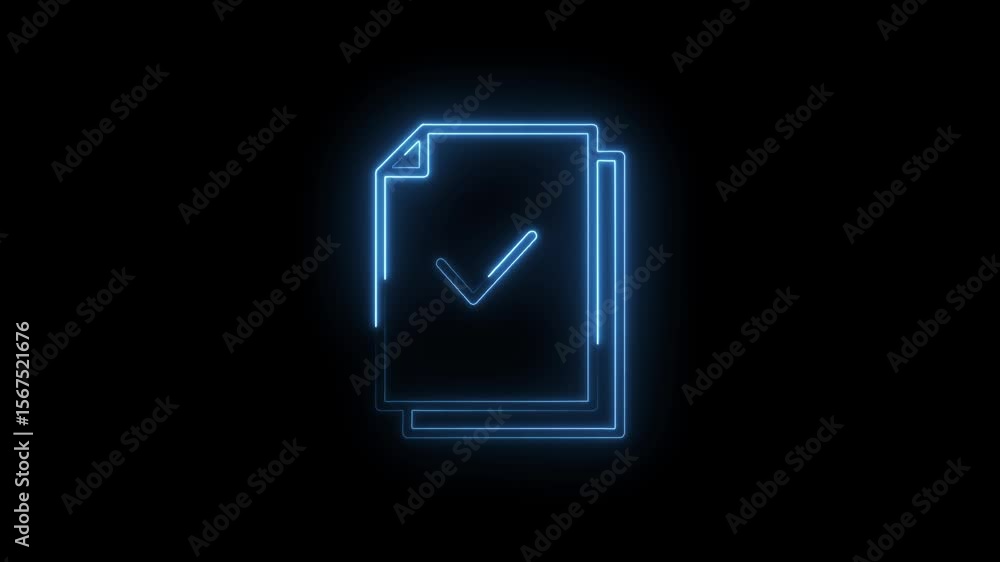 Poster glowing blue neon file document icon with check mark animation on black background