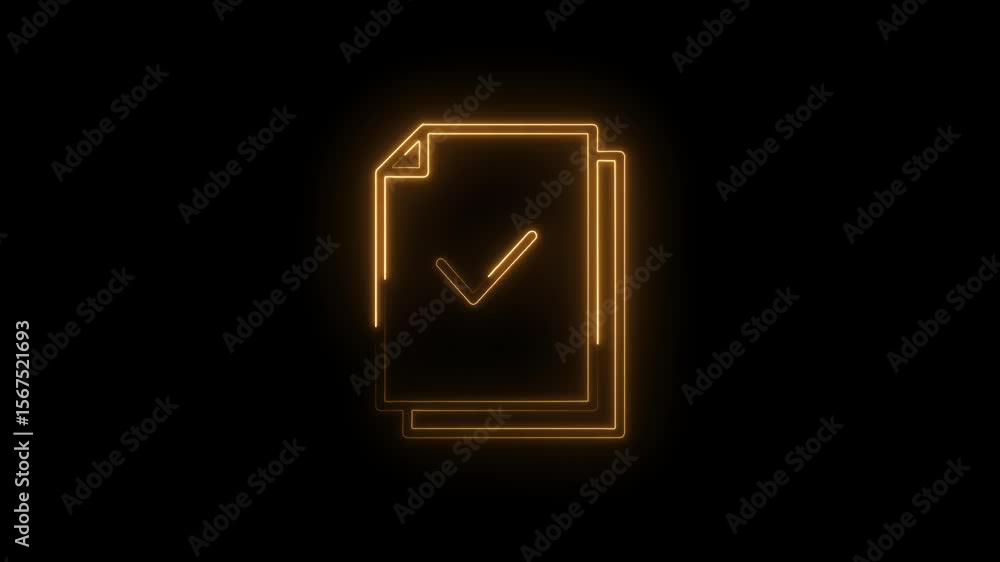 Poster glowing neon check mark on document stack animation against black background