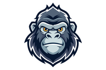 Gorilla head with fierce yellow eyes displays a determined expression and strong features