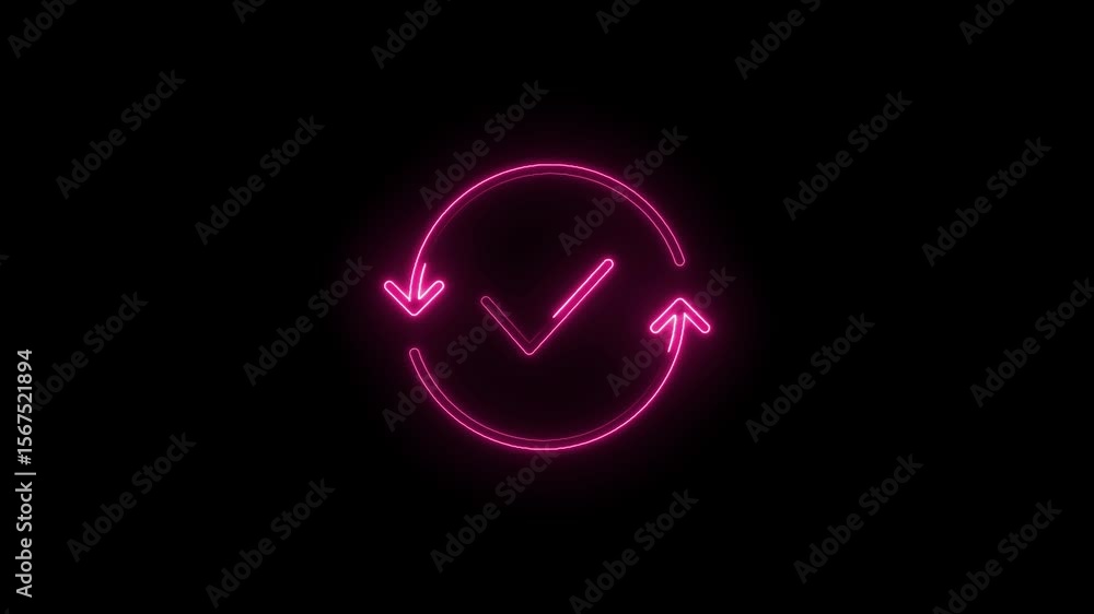 Poster glowing pink neon checkmark animation on black background symbolizing approval and verification