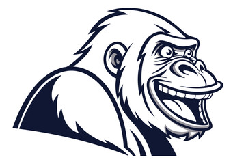 Monochrome ape head displaying broad smile and expressive features presents a bold stylized appearance