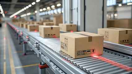 Portrait of automated warehouse conveyor belt with moving cardboard boxes and red laser scanning - modern logistics, e-commerce, and supply chain concept management