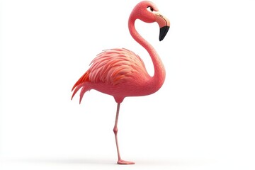 Fototapeta premium Flamingo standing on one leg 3d cartoon character on white background