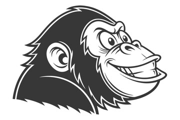 Cheerful gorilla with a big smile showcases defined monochrome linework against a white backdrop