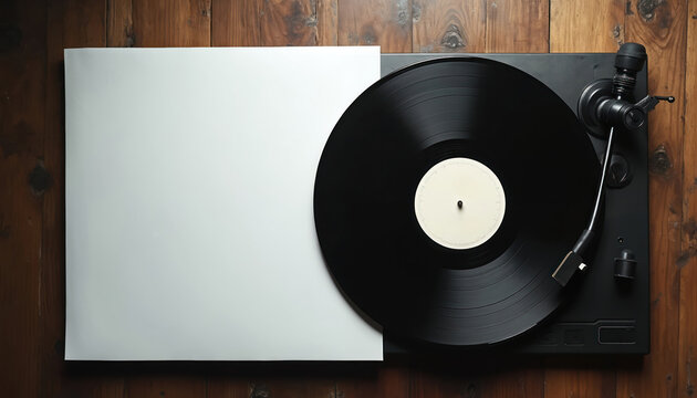 High angle view of black vinyl record on turntable, alongside blank white cover on vintage wood surface. Analog audio equipment for music playback, evoking nostalgia and classic sound.
