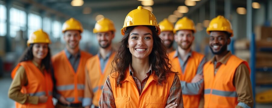 Diverse team of smiling professionals wearing safety gear, including hard hats, vests, pose confidently in industrial factory setting. Unity, teamwork evident, representing skilled labor, modern - Powered by Adobe