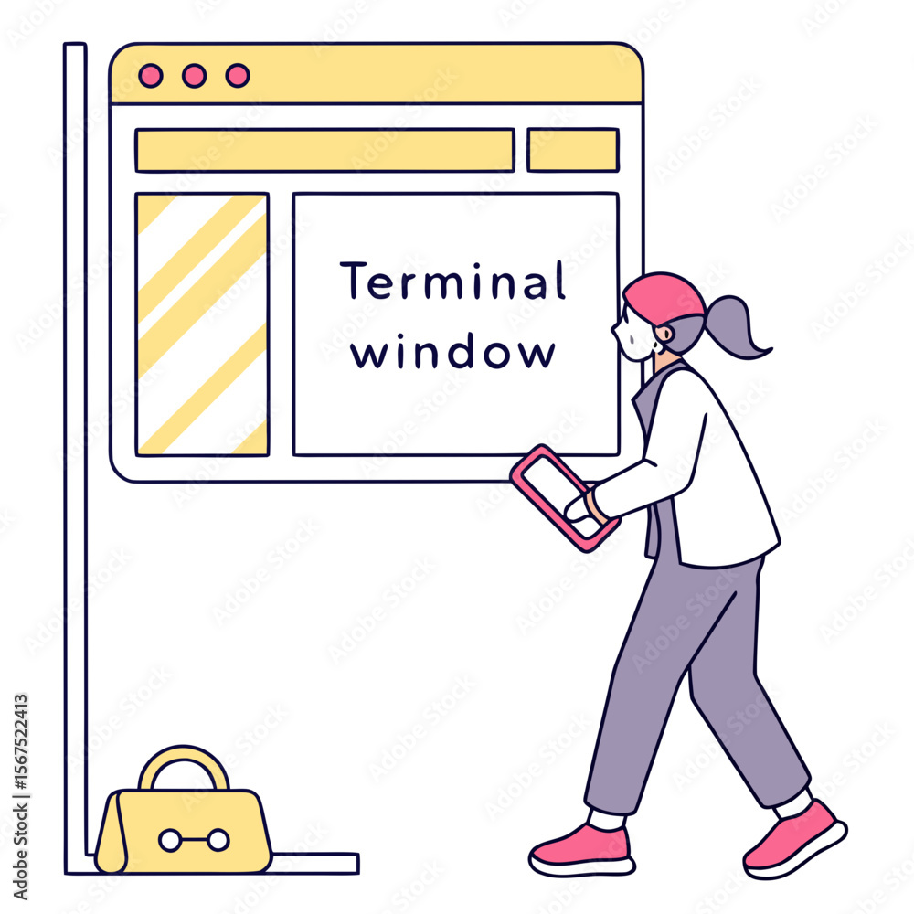 Poster person interacting with terminal window and bag computer technology
