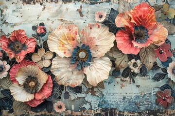 Vintage Floral Collage on Weathered Surface