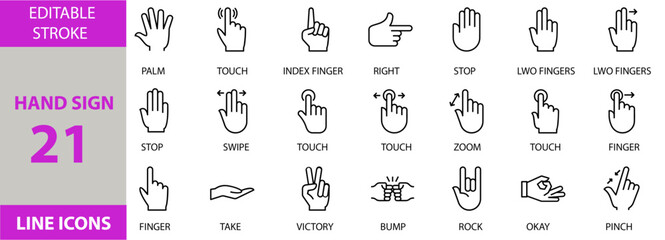 Hand Sign icon set. Containing Vector pictograms of hand gestures, hand signs, icons, gestures, signs, hands, communication, symbols, human, finger, body, stop, click and more. Victor Illustration.
