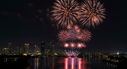 Fototapeta premium Fireworks display over a city skyline at night
