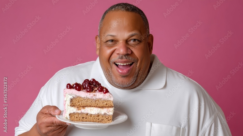 Poster man is holding a slice of cake on a plate. he is smiling and he is happy
