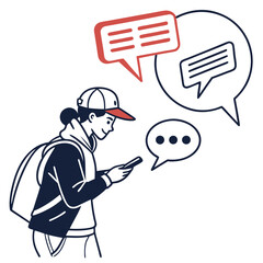 Person with backpack texting with speech bubbles phone mobile