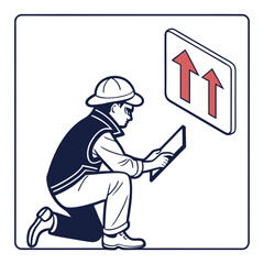 Person with tablet observing directional arrows sign vector