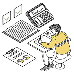 Person working at desk with calculator and charts book