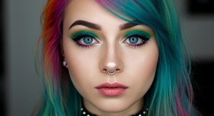 Close-up portrait of a woman with vibrant rainbow hair and colorful eye makeup