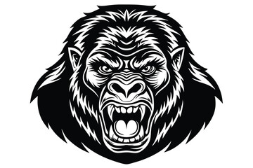 The powerful gorilla face displays intense, brooding expression in a symmetrical blackandwhite illustration