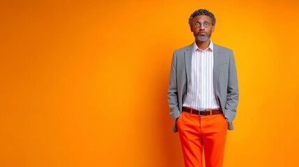 Man in a gray suit and orange pants stands in front of a yellow wall. He looks serious and focused