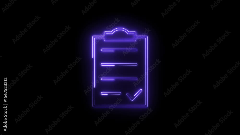 Poster neon clipboard animation with checkmark,report complete,digital task management and verification