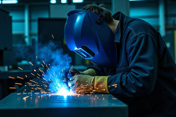 Close-up of industrial welder at work creating bright electric sparks while fusing metal in a modern fabrication workshop with protective gear, cinematic lighting, and intense manual precision