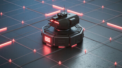 Technological Sentinel: An advanced sentinel robot is poised amidst a matrix of digital pathways, its illuminated details exuding a futuristic feel.