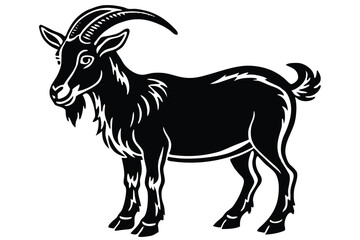 Monochrome goat with curved horns stands calmly, showcasing bold stylized details and a determined expression