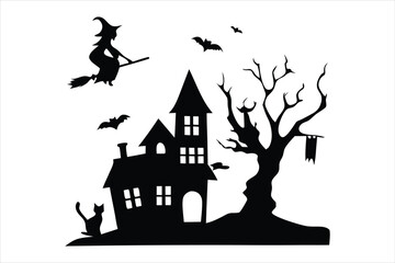 Spooky Halloween Graveyard Scene Silhouette - Bare Tree & Tombstones Vector