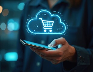 Person uses smartphone for cloud shopping interaction. Digital marketplace with virtual environment, user perspective. Technology innovation for e-business commerce, online payment system, mobile