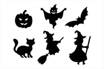 Witch Flying on Broomstick Silhouette - Halloween Bats Vector