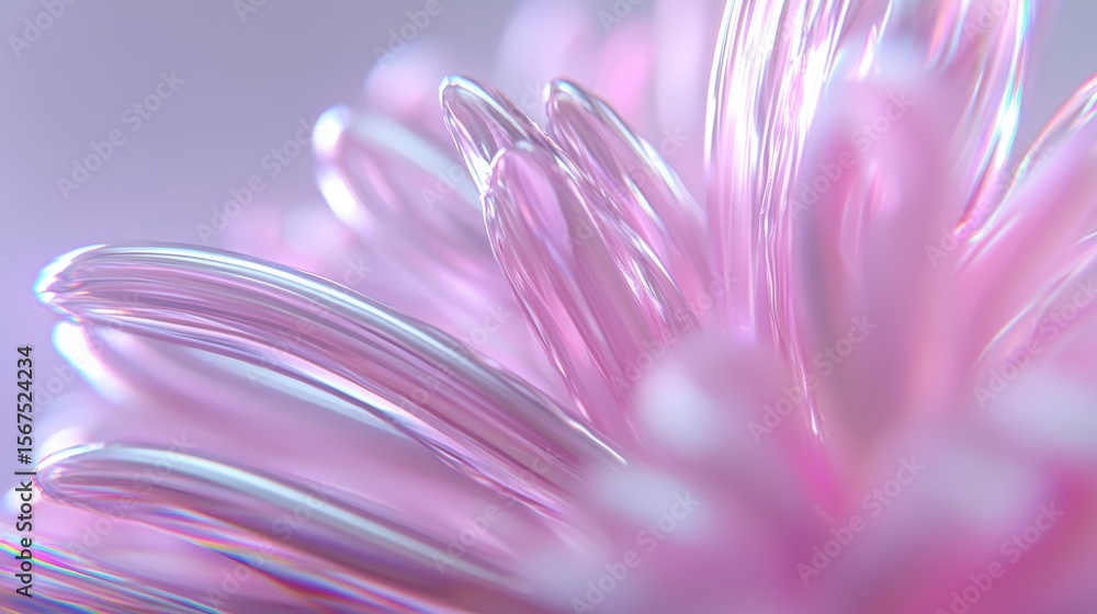 Poster a close-up view of a delicate, translucent flower with a soft pink hue and intricate petal-like stru