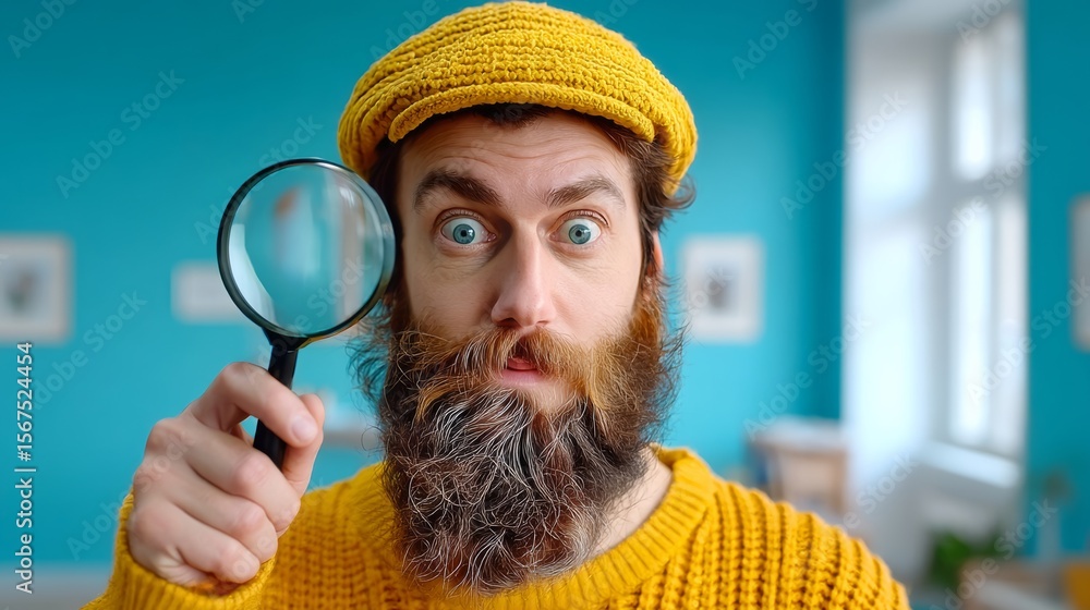 Poster man with a beard and a yellow hat holding a magnifying glass. the man is looking at the camera with 
