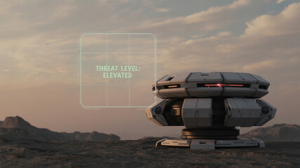 Sci-fi base with threat alert:A futuristic science fiction base with a radar screen displaying a "Threat Level Elevated" message, set against a barren planet landscape.
