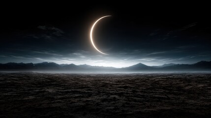 A dramatic crescent moon casts a soft glow over a desolate landscape.