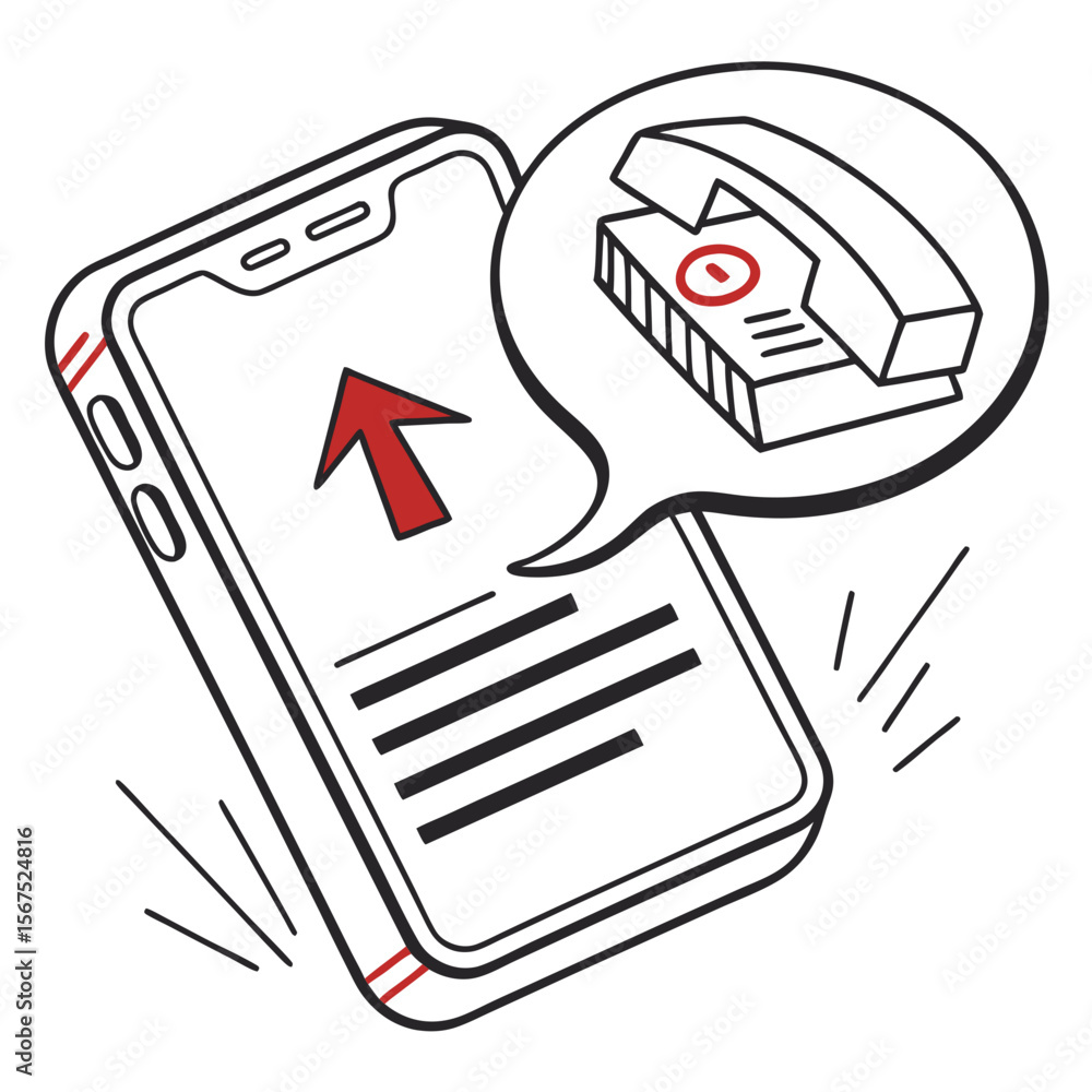 Poster smartphone displaying upward arrow and speech bubble with stapler mobile phone technology
