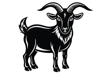 Majestic black goat graphic, standing proudly with curved horns and detailed beard