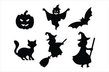Witch Flying on Broomstick Silhouette - Halloween Bats Vector