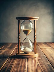 A vintage-style hourglass sitting on a minimalist wooden table surrounded by soft