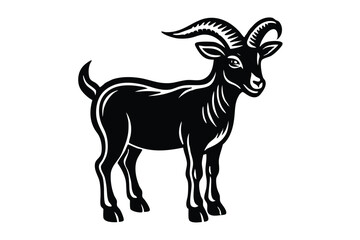 Striking black goat stands proudly with curved horns and detailed fur pattern
