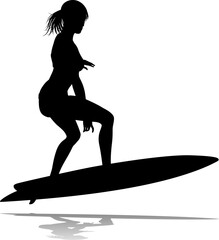 Surfer surfboard boarding female surfer surfing silhouette outline. Woman surf pose design concept.