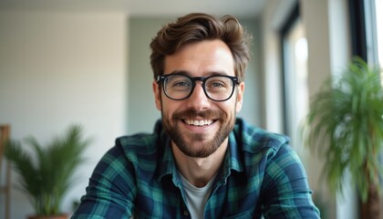 Handsome bearded man with glasses smiles, talks during video call from home. Wears green plaid shirt, sits in modern interior, communicating online via webcam. Lifestyle, technology, communication