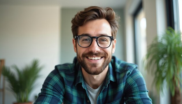 Handsome bearded man with glasses smiles, talks during video call from home. Wears green plaid shirt, sits in modern interior, communicating online via webcam. Lifestyle, technology, communication