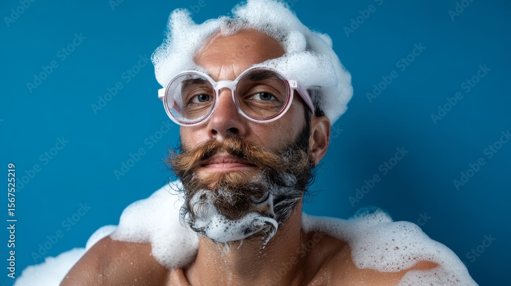 Poster man with a beard and glasses is in a bathtub with bubbles. he looks like he is having fun and enjoyi