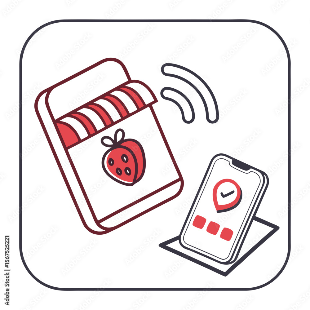 Poster strawberry package and smartphone with location marker vector