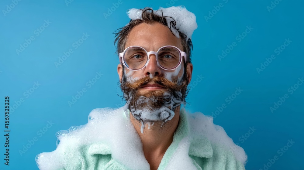 Aufkleber man with a beard and glasses is covered in foam. he looks like he is in a playful mood