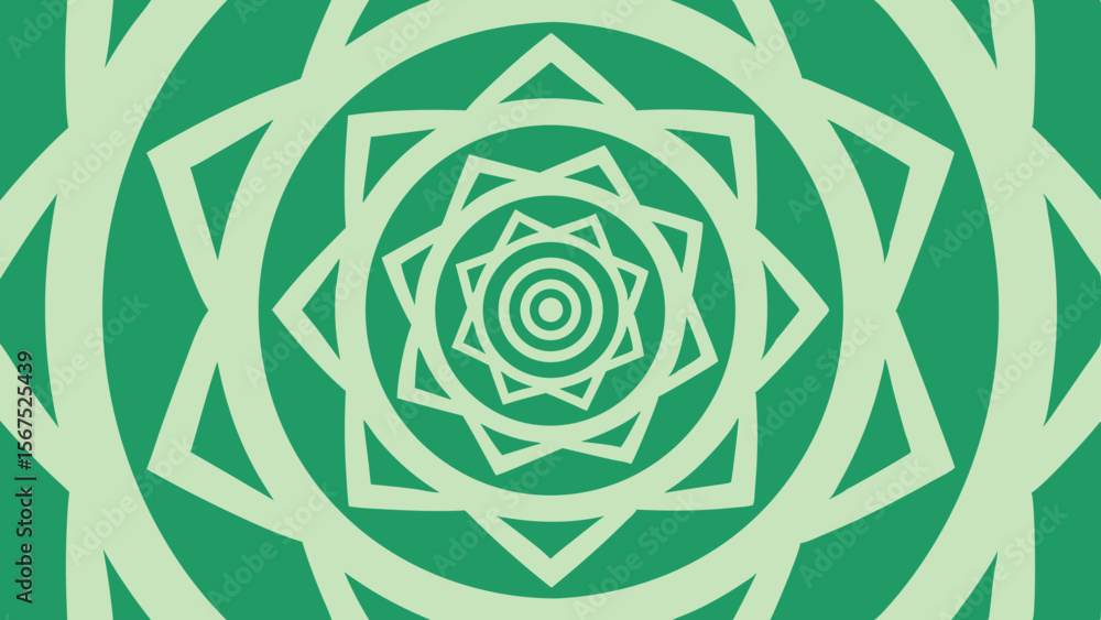 Poster abstract geometric mandala pattern with concentric circles and star shapes in green