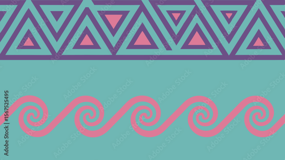 Poster geometric triangle pattern above swirling wave design on teal background