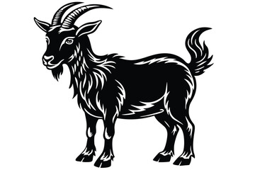 Majestic goat head with detailed horns is displayed in monochrome black and white