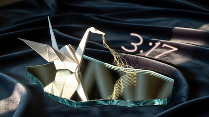 Origami Crane: A solitary origami crane stands proudly atop a shattered mirror, evoking contemplation on fragility and resilience.