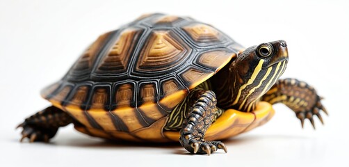 Obraz premium Common box turtle with intricate shell patterns, yellow stripes on head. Isolated on white studio background, wild animal, reptile, captured in sharp detail, perfect for educational wildlife content.