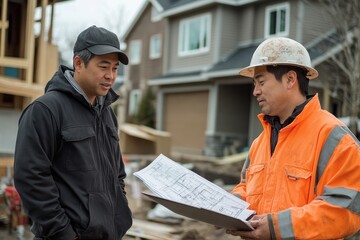 Builder and supervisor consulting on a construction job plan: Asian contractor and foreman reviewing blueprints on a laptop at a construction site, Generative AI
