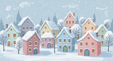 Naklejka premium Pastel winter village illustration